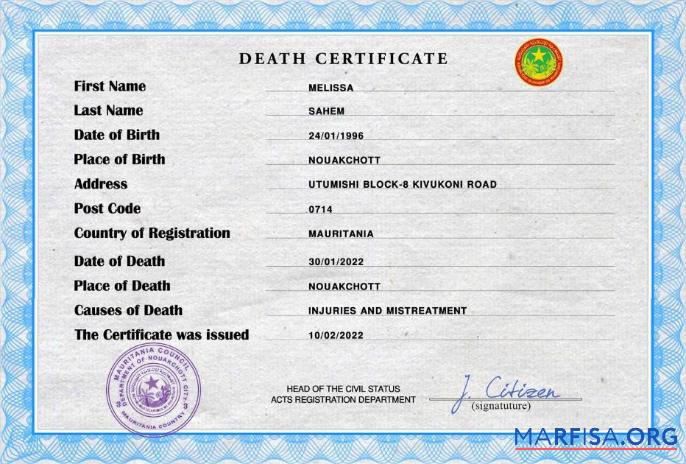 Downloadable Mauritania vital record death certificate PSD template